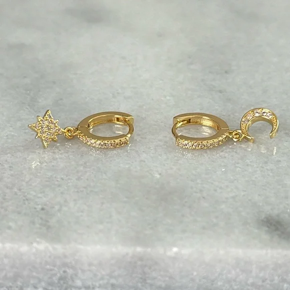 Gold Crystal Pave Star Moon Dangle Huggie Hoop Earrings
Brand New - Picture 2 of 5